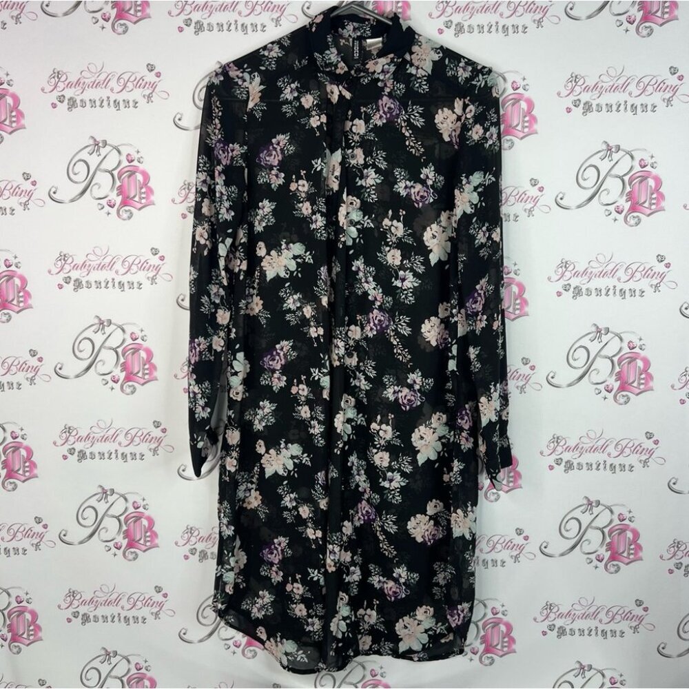 H&M divided flowers button up long sheer lightweight Black Floral Dress
